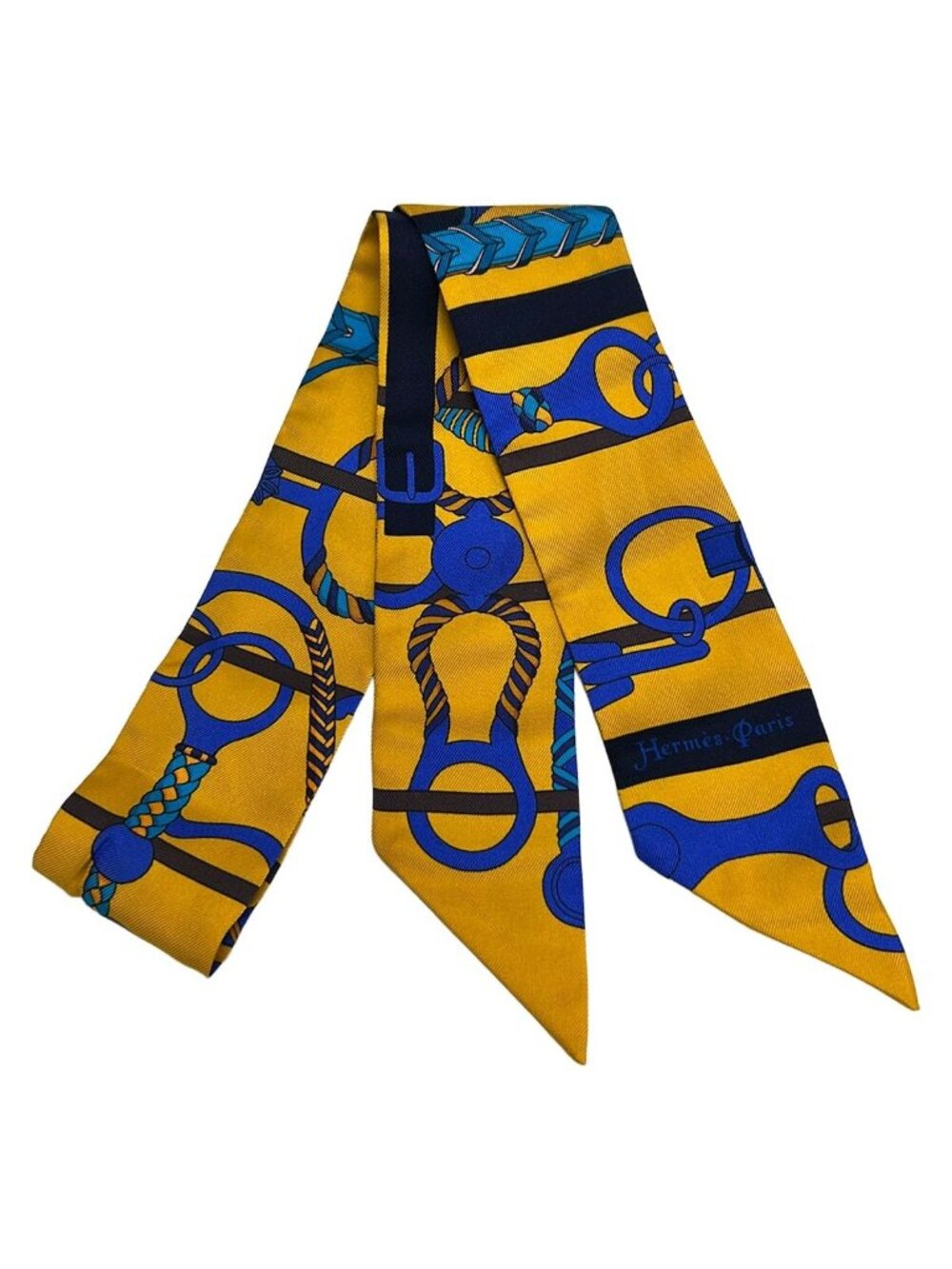 Hermes Scarf Twilly Yellow Blue Brown Ribbon Panoplie Equestre Horse Riding